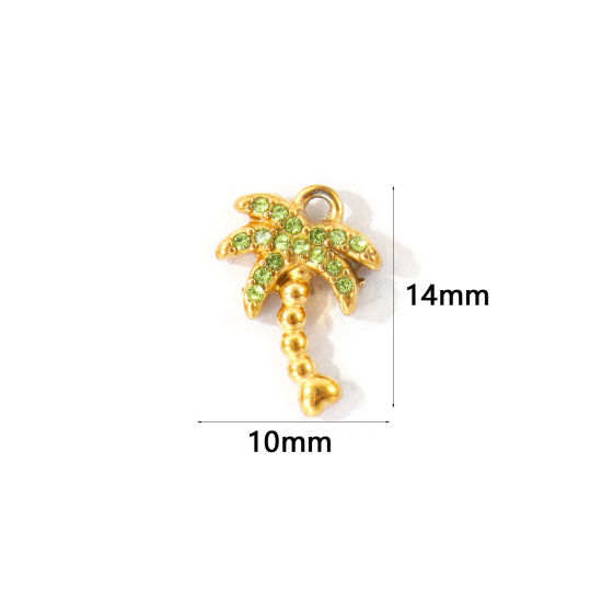 Bild von 2 Stück Umweltfreundliche PVD 304 Edelstahl Charms Großhandel 18K Vergoldet Kokospalme Micro Pave Hellgrün Strass 14mm x 10mm