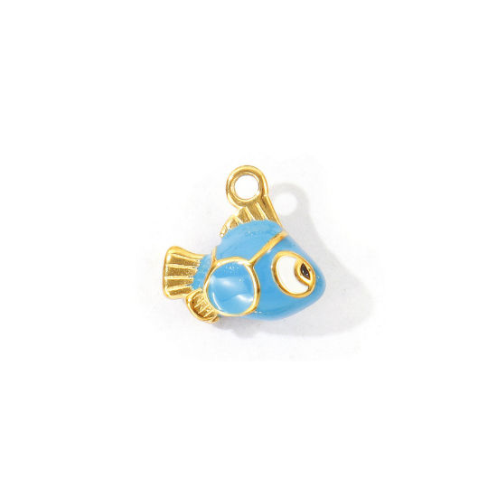 Bild von 1 Stück Umweltfreundliche PVD 304 Edelstahl Ozean Schmuck Charms Großhandel 18K Vergoldet Blau Emaille Fisch 3D 12mm x 11mm