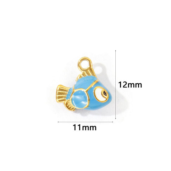 Bild von 1 Stück Umweltfreundliche PVD 304 Edelstahl Ozean Schmuck Charms Großhandel 18K Vergoldet Blau Emaille Fisch 3D 12mm x 11mm