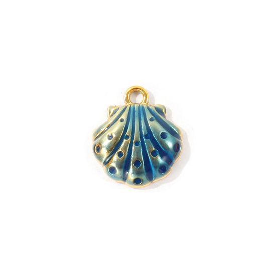 Bild von 1 Stück Umweltfreundliche PVD 304 Edelstahl Ozean Schmuck Charms Großhandel 18K Vergoldet Dunkelblau Emaille Muschel 15mm x 13mm