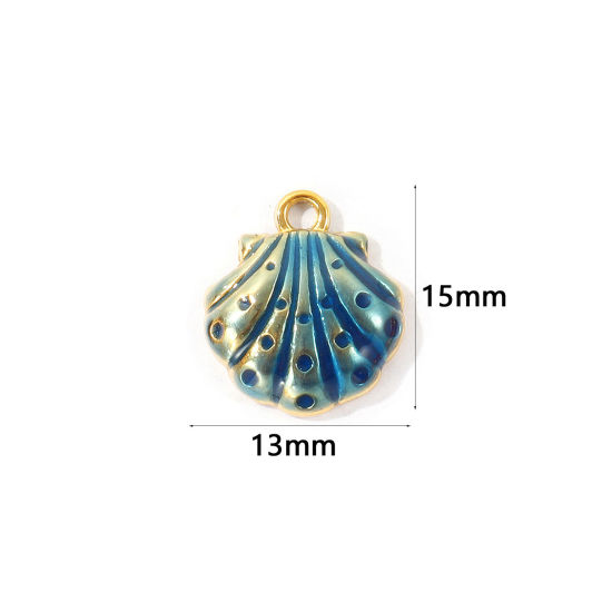 Bild von 1 Stück Umweltfreundliche PVD 304 Edelstahl Ozean Schmuck Charms Großhandel 18K Vergoldet Dunkelblau Emaille Muschel 15mm x 13mm