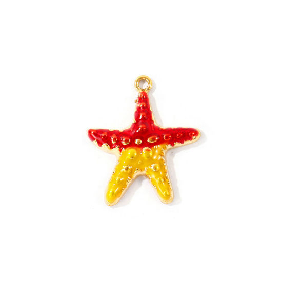Bild von 1 Stück Umweltfreundliche PVD 304 Edelstahl Ozean Schmuck Charms Großhandel 18K Vergoldet Rot & Gelb Emaille Seesterne 25mm x 22mm
