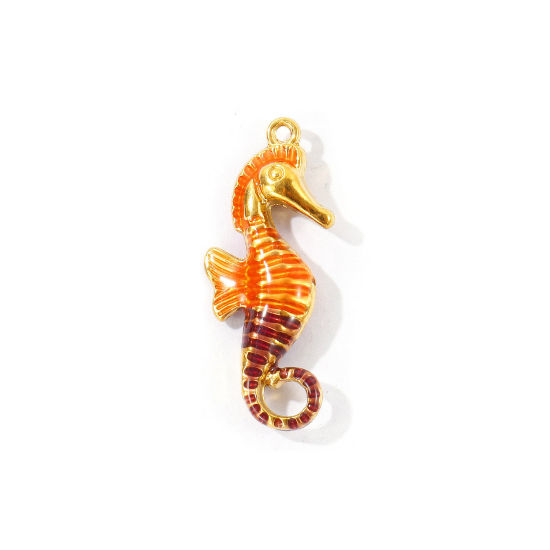 Bild von 1 Stück Umweltfreundliche PVD 304 Edelstahl Ozean Schmuck Anhänger Großhandel 18K Vergoldet Orange Emaille Seepferdchen 3D 3cm x 1.2cm
