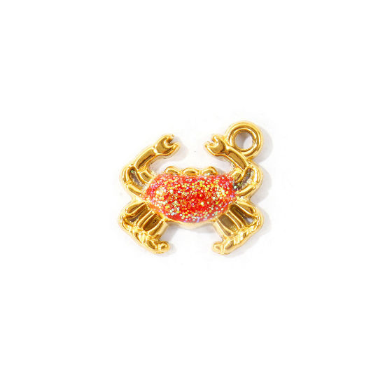 Bild von 1 Stück Umweltfreundliche PVD 304 Edelstahl Ozean Schmuck Charms Großhandel 18K Vergoldet Orange Emaille Krabbe Glitzert 17mm x 15mm
