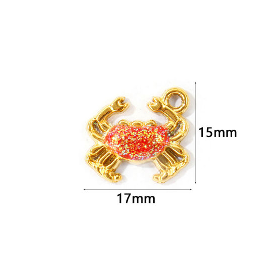 Bild von 1 Stück Umweltfreundliche PVD 304 Edelstahl Ozean Schmuck Charms Großhandel 18K Vergoldet Orange Emaille Krabbe Glitzert 17mm x 15mm