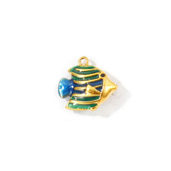 Bild von 1 Stück Umweltfreundliche PVD 304 Edelstahl Ozean Schmuck Charms Großhandel 18K Vergoldet Dunkelgrün Emaille Tropischer Fisch 3D 12.5mm x 11mm