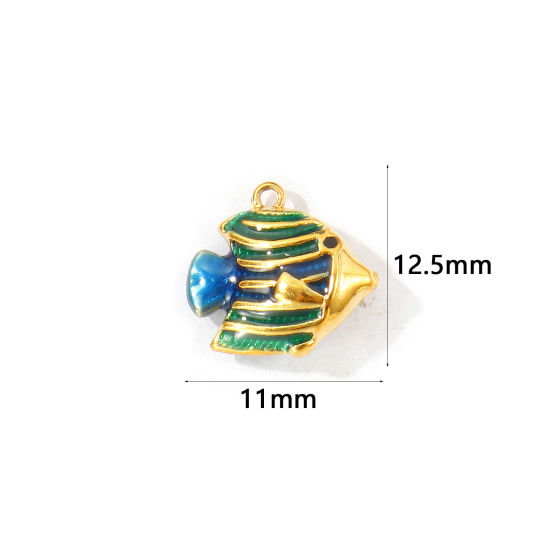 Bild von 1 Stück Umweltfreundliche PVD 304 Edelstahl Ozean Schmuck Charms Großhandel 18K Vergoldet Dunkelgrün Emaille Tropischer Fisch 3D 12.5mm x 11mm
