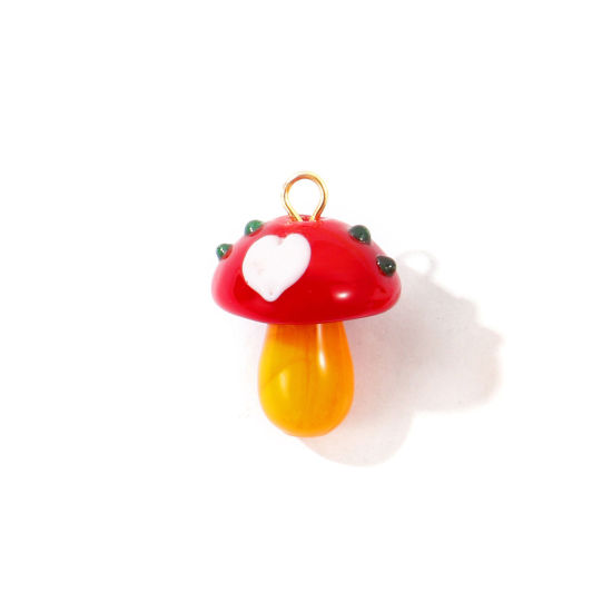 Bild von 2 Stück Umweltfreundliche PVD 304 Edelstahl & Keramik Charms Großhandel 18K Vergoldet Rot Pilz 3D 23mm x 16mm