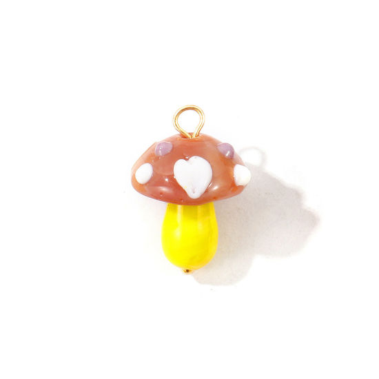 Bild von 2 Stück Umweltfreundliche PVD 304 Edelstahl & Keramik Charms Großhandel 18K Vergoldet Braun Pilz 3D 23mm x 16mm