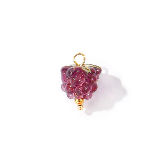 Picture of 2 PCs Eco-friendly PVD 304 Stainless Steel & Ceramic Charms Wholesale 18K Gold Plated Purple Raspberry Fruit 3D 19mm x 13mm