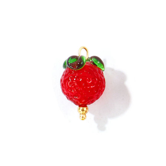 Bild von 2 Stück Umweltfreundliche PVD 304 Edelstahl & Keramik Charms Großhandel 18K Vergoldet Dunkelrot Erdbeeren 3D 21mm x 13mm