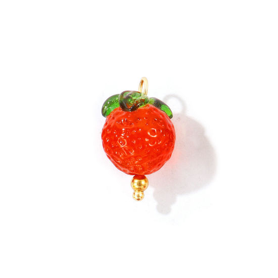 Bild von 2 Stück Umweltfreundliche PVD 304 Edelstahl & Keramik Charms Großhandel 18K Vergoldet Orangerot Erdbeeren 3D 21mm x 13mm