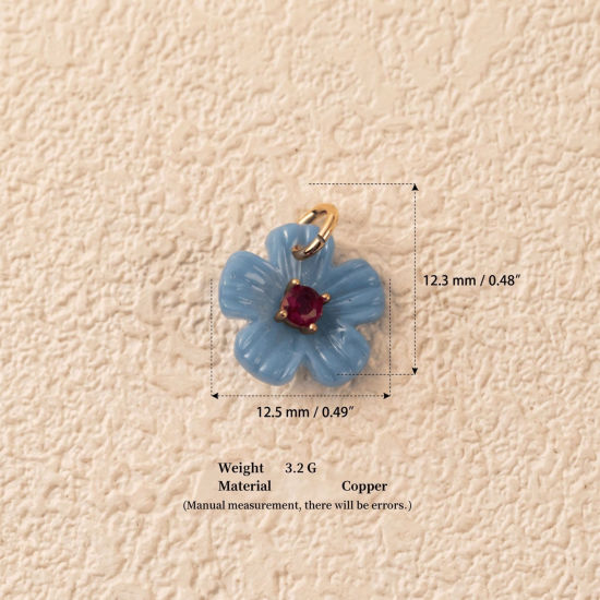 Imagen de 1 Unidad Latón & Resina Colgantes Al Por Mayor Chapado en Oro de 18K Azul Flor Rojo Circón Artificial 12.5mm x 12.3mm