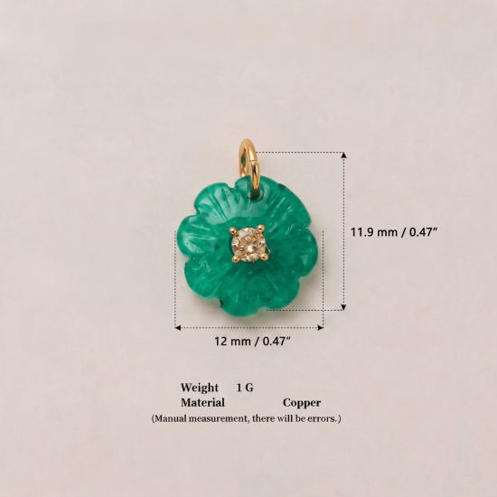 Imagen de 1 Unidad Latón & Resina Colgantes Al Por Mayor Chapado en Oro de 18K Verde Flor Claro Circón Artificial 12mm x 11.9mm
