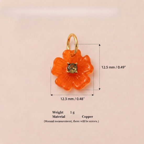 Imagen de 1 Unidad Latón & Resina Colgantes Al Por Mayor Chapado en Oro de 18K Naranja Flor Verde Olivo Circón Artificial 12.5mm x 12.3mm