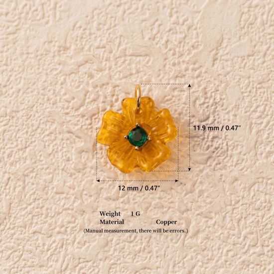 Imagen de 1 Unidad Latón & Resina Colgantes Al Por Mayor Chapado en Oro de 18K Amarillo Flor Verde Circón Artificial 12mm x 11.9mm