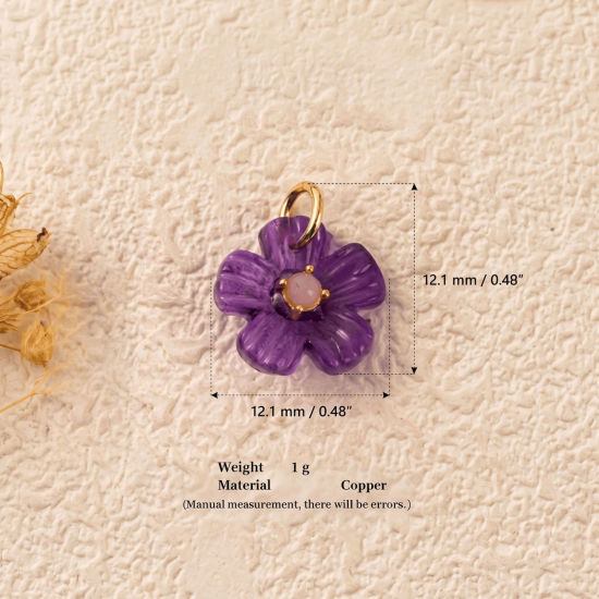 Imagen de 1 Unidad Latón & Resina Colgantes Al Por Mayor Chapado en Oro de 18K Púrpura Flor Rosa Claro Circón Artificial 12.1mm x 12.1mm