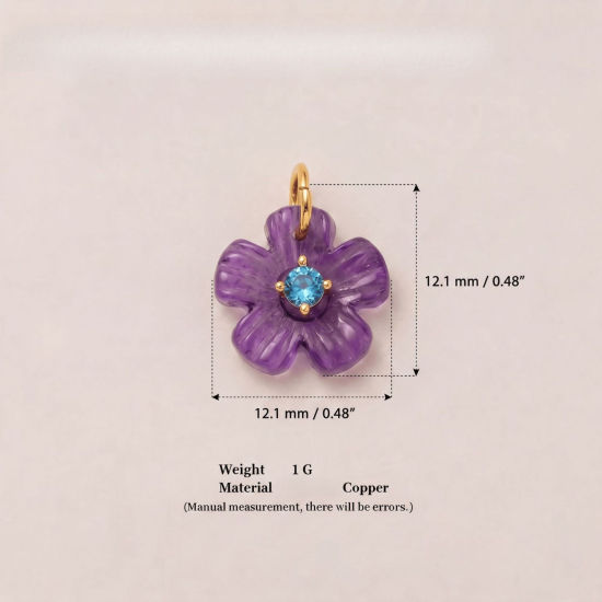 Imagen de 1 Unidad Latón & Resina Colgantes Al Por Mayor Chapado en Oro de 18K Púrpura Flor Azul Circón Artificial 12.1mm x 12.1mm