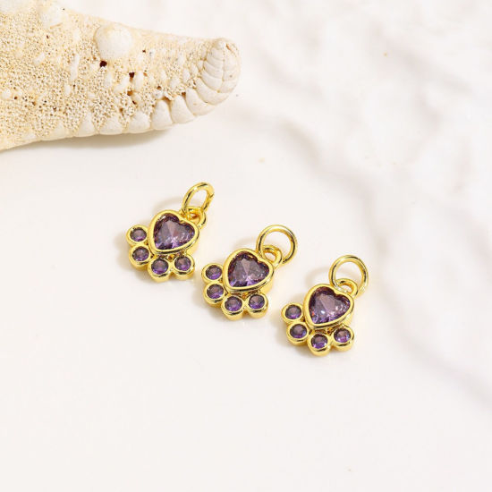1 個 真鍮 ペットメモリアル チャーム 卸売り 18Kゴールドメッキ フットプリント 紫 ジルコン 13mm x 8mm、 の画像