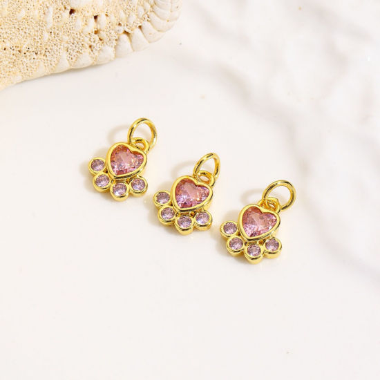 1 個 真鍮 ペットメモリアル チャーム 卸売り 18Kゴールドメッキ フットプリント ピンク ジルコン 13mm x 8mm、 の画像