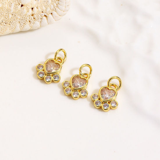1 個 真鍮 ペットメモリアル チャーム 卸売り 18Kゴールドメッキ フットプリント クリア ジルコン 13mm x 8mm、 の画像