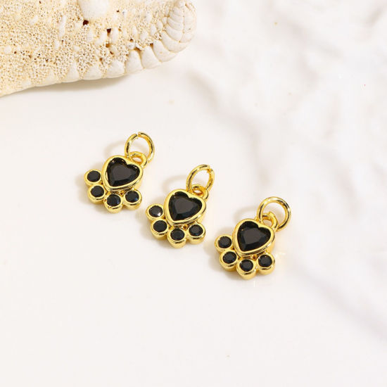 1 個 真鍮 ペットメモリアル チャーム 卸売り 18Kゴールドメッキ フットプリント 黒 ジルコン 13mm x 8mm、 の画像