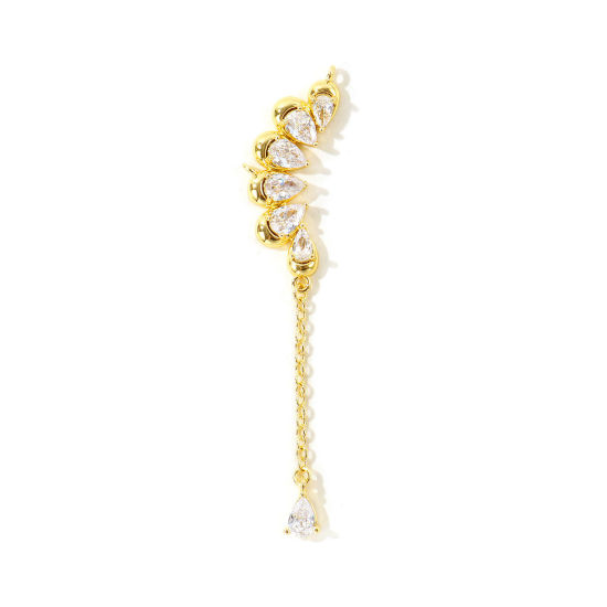 Picture of 2 PCs Eco-friendly Brass Connectors Charms Pendants Wholesale 18K Real Gold Plated Drop Tassel Clear Cubic Zirconia 6cm x 2.8cm