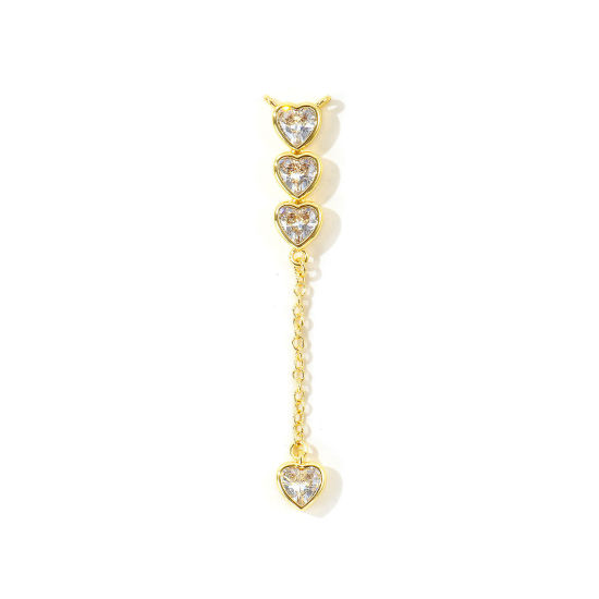 Picture of 2 PCs Eco-friendly Brass Valentine's Day Connectors Charms Pendants Wholesale 18K Real Gold Plated Heart Tassel Clear Cubic Zirconia 6cm x 1cm