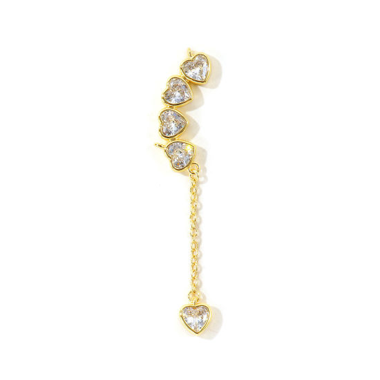 Picture of 2 PCs Eco-friendly Brass Valentine's Day Connectors Charms Pendants Wholesale 18K Real Gold Plated Heart Tassel Clear Cubic Zirconia 5cm x 2.8cm