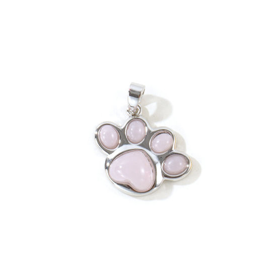 Picture of 2 PCs Brass Pet Memorial Charm Pendant Wholesale Platinum Plated Light Pink Paw Print With Resin Cabochons 20mm x 18.5mm