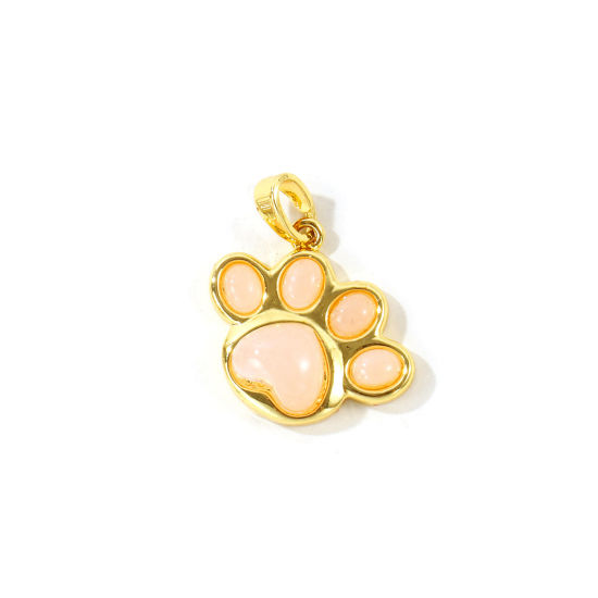 Picture of 2 PCs Brass Pet Memorial Charm Pendant Wholesale 18K Gold Plated Light Pink Paw Print With Resin Cabochons 20mm x 18.5mm