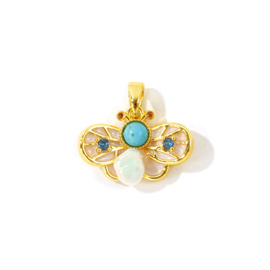 Picture of 2 PCs Brass Insect Charm Pendant Wholesale 18K Gold Plated Creamy-White Bee Animal Enamel 19mm x 19mm