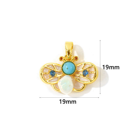Picture of 2 PCs Brass Insect Charm Pendant Wholesale 18K Gold Plated Creamy-White Bee Animal Enamel 19mm x 19mm
