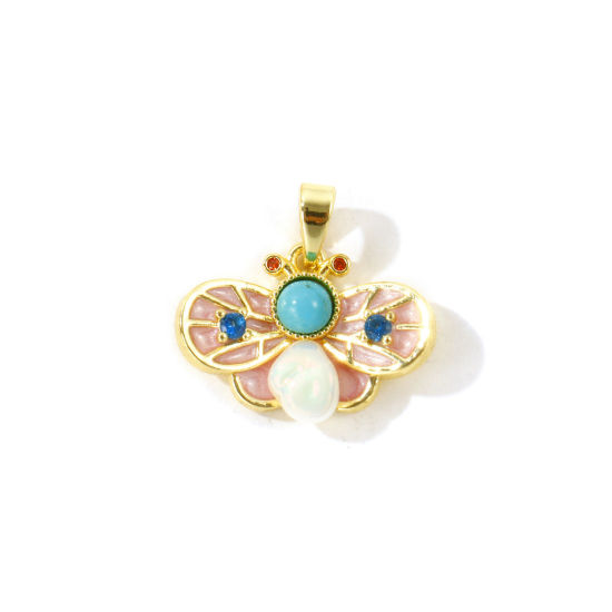 Picture of 2 PCs Brass Insect Charm Pendant Wholesale 18K Gold Plated Pink Bee Animal Enamel 19mm x 19mm