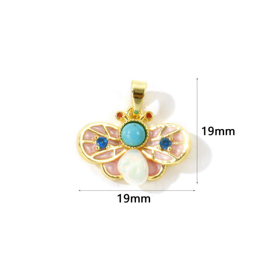 Picture of 2 PCs Brass Insect Charm Pendant Wholesale 18K Gold Plated Pink Bee Animal Enamel 19mm x 19mm