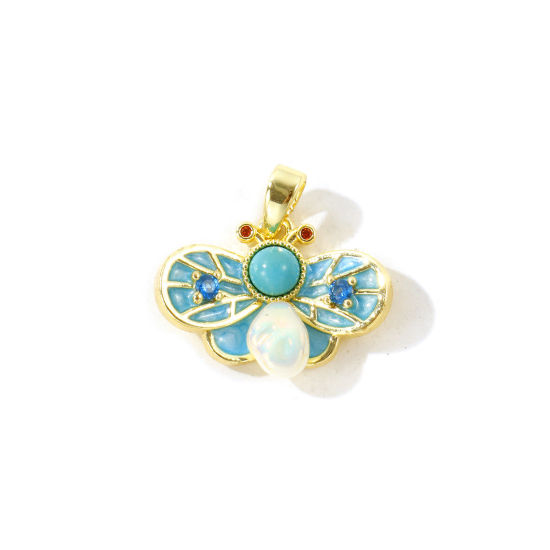 Picture of 2 PCs Brass Insect Charm Pendant Wholesale 18K Gold Plated Blue Bee Animal Enamel 19mm x 19mm