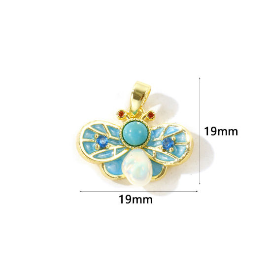 Picture of 2 PCs Brass Insect Charm Pendant Wholesale 18K Gold Plated Blue Bee Animal Enamel 19mm x 19mm