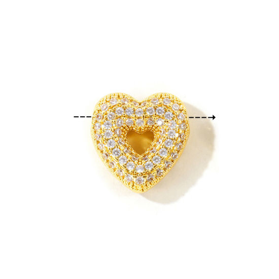 Picture of 2 PCs Brass Micro Pave Charms Wholesale 18K Gold Plated Heart Clear Cubic Zirconia 18mm x 18mm