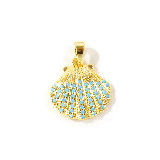 Picture of 2 PCs Eco-friendly Brass Ocean Jewelry Charm Pendant Wholesale 18K Real Gold Plated Shell Micro Pave Blue Cubic Zirconia 21mm x 16mm