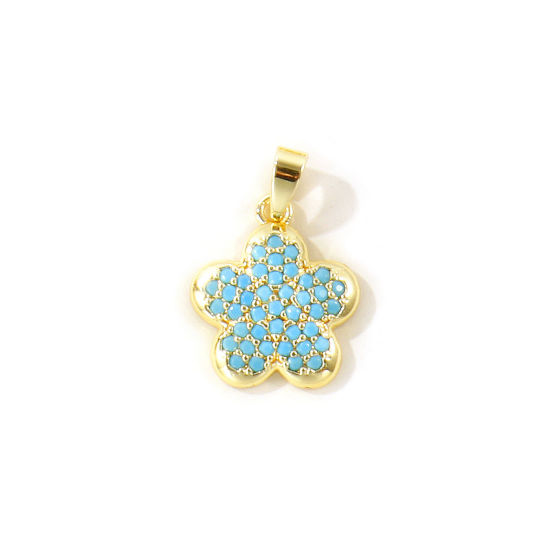 Picture of 2 PCs Eco-friendly Brass Charm Pendant Wholesale 18K Real Gold Plated Flower Micro Pave Blue Cubic Zirconia 20mm x 13mm