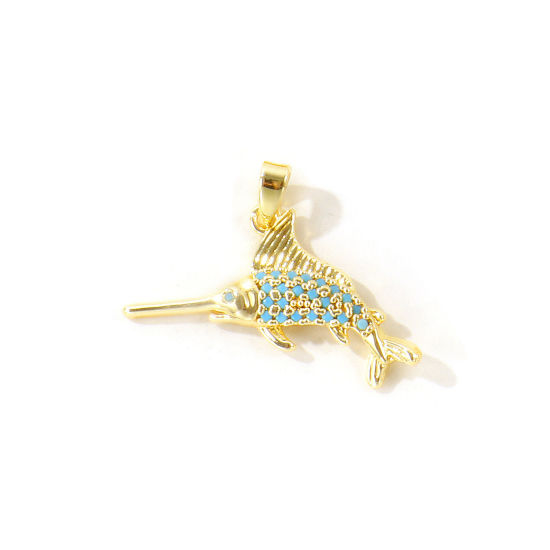 Picture of 2 PCs Eco-friendly Brass Ocean Jewelry Charm Pendant Wholesale 18K Real Gold Plated Fish Animal Micro Pave Blue Cubic Zirconia 25mm x 24mm