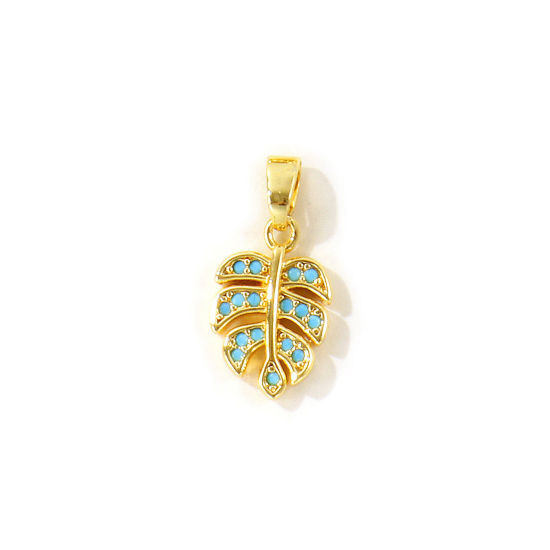 Picture of 2 PCs Eco-friendly Brass Charm Pendant Wholesale 18K Real Gold Plated Monstera Leaf Micro Pave Blue Cubic Zirconia 19mm x 9mm
