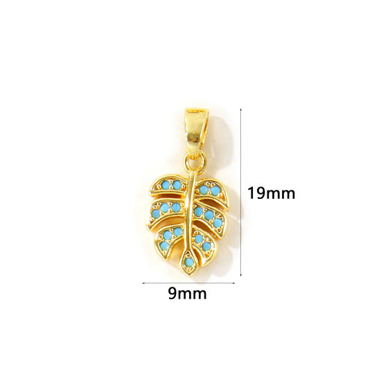 Picture of 2 PCs Eco-friendly Brass Charm Pendant Wholesale 18K Real Gold Plated Monstera Leaf Micro Pave Blue Cubic Zirconia 19mm x 9mm
