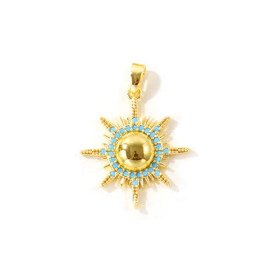 Picture of 2 PCs Eco-friendly Brass Galaxy Charm Pendant Wholesale 18K Real Gold Plated Sun Micro Pave Blue Cubic Zirconia 28mm x 21mm