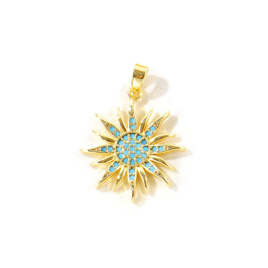 Picture of 2 PCs Eco-friendly Brass Galaxy Charm Pendant Wholesale 18K Real Gold Plated Sun Micro Pave Blue Cubic Zirconia 27mm x 20mm