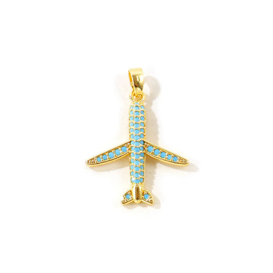 Picture of 2 PCs Eco-friendly Brass Travel Charm Pendant Wholesale 18K Real Gold Plated Airplane Micro Pave Blue Cubic Zirconia 29mm x 21mm