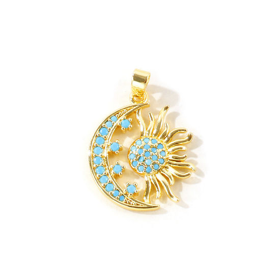 Picture of 2 PCs Eco-friendly Brass Galaxy Charm Pendant Wholesale 18K Real Gold Plated Half Moon Sun Micro Pave Blue Cubic Zirconia 25mm x 17.5mm