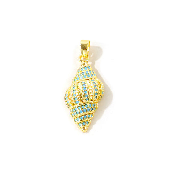 Picture of 2 PCs Eco-friendly Brass Ocean Jewelry Charm Pendant Wholesale 18K Real Gold Plated Conch/ Sea Snail Micro Pave Blue Cubic Zirconia 29mm x 12mm