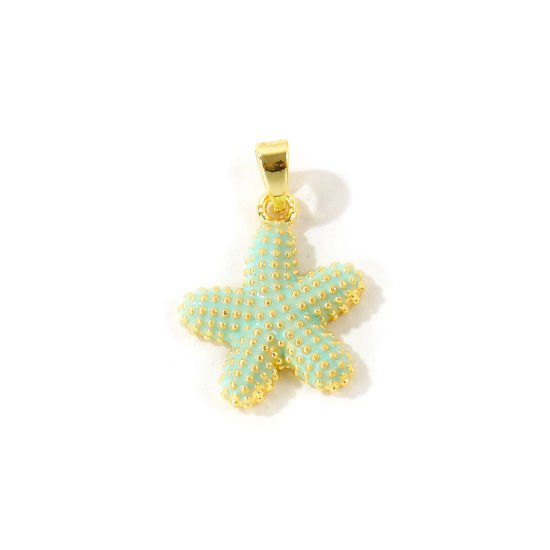 Picture of 2 PCs Eco-friendly Brass Ocean Jewelry Charm Pendant Wholesale 18K Real Gold Plated Green Starfish Enamel 22mm x 15mm