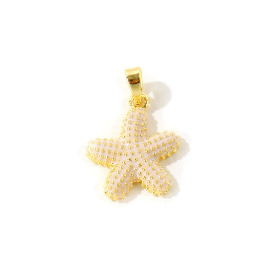 Picture of 2 PCs Eco-friendly Brass Ocean Jewelry Charm Pendant Wholesale 18K Real Gold Plated Creamy-White Starfish Enamel 22mm x 15mm
